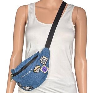 Trendy Blue ‘Friends TV Show’ Crossbody Bag with Patches